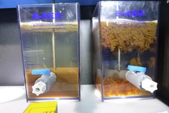Two aquarium tanks with water filtration setups and sediment layers.